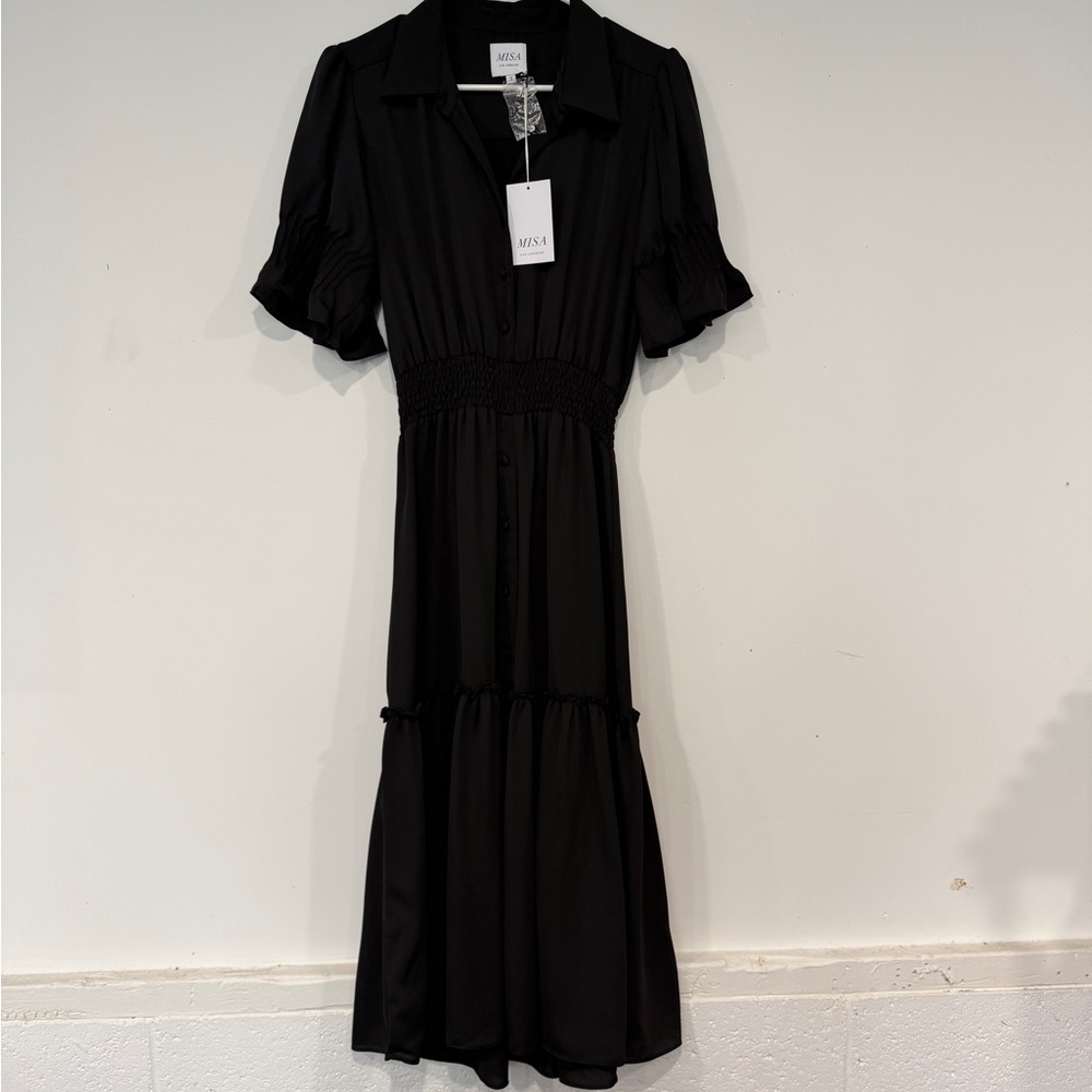Misa Los Angeles Black Puff-Sleeve Collared Midi Dress